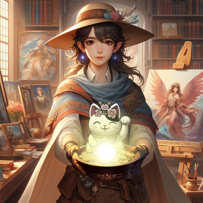 Artiste tendant une coupe lumineuse avec un chat porte-bonheur